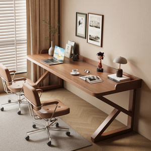 
All solid wood double desk with fence, home long table, bedroom study table, antique style computer desk, office desk