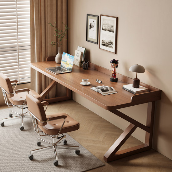 
All solid wood double desk with fence, home long table, bedroom study table, antique style computer desk, office desk