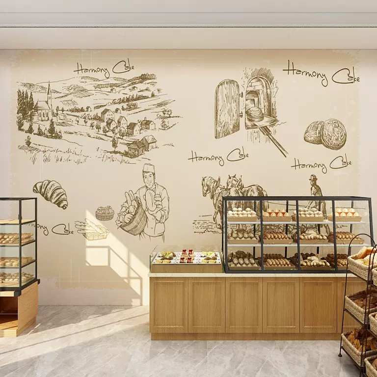 侬卡壁画大型无缝壁纸烘焙奶茶店面包店贴纸墙纸装饰背景