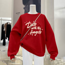 Red women's round neck letter mid-length style