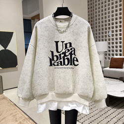 Apricot White Faux Two-Piece Sweatshirt for Women, Fleece-Lined, 2026 New Model, Spring, Autumn, Winter, Thin Style, Letter Print, Loose Fit, Trendy Tie-Dye Top