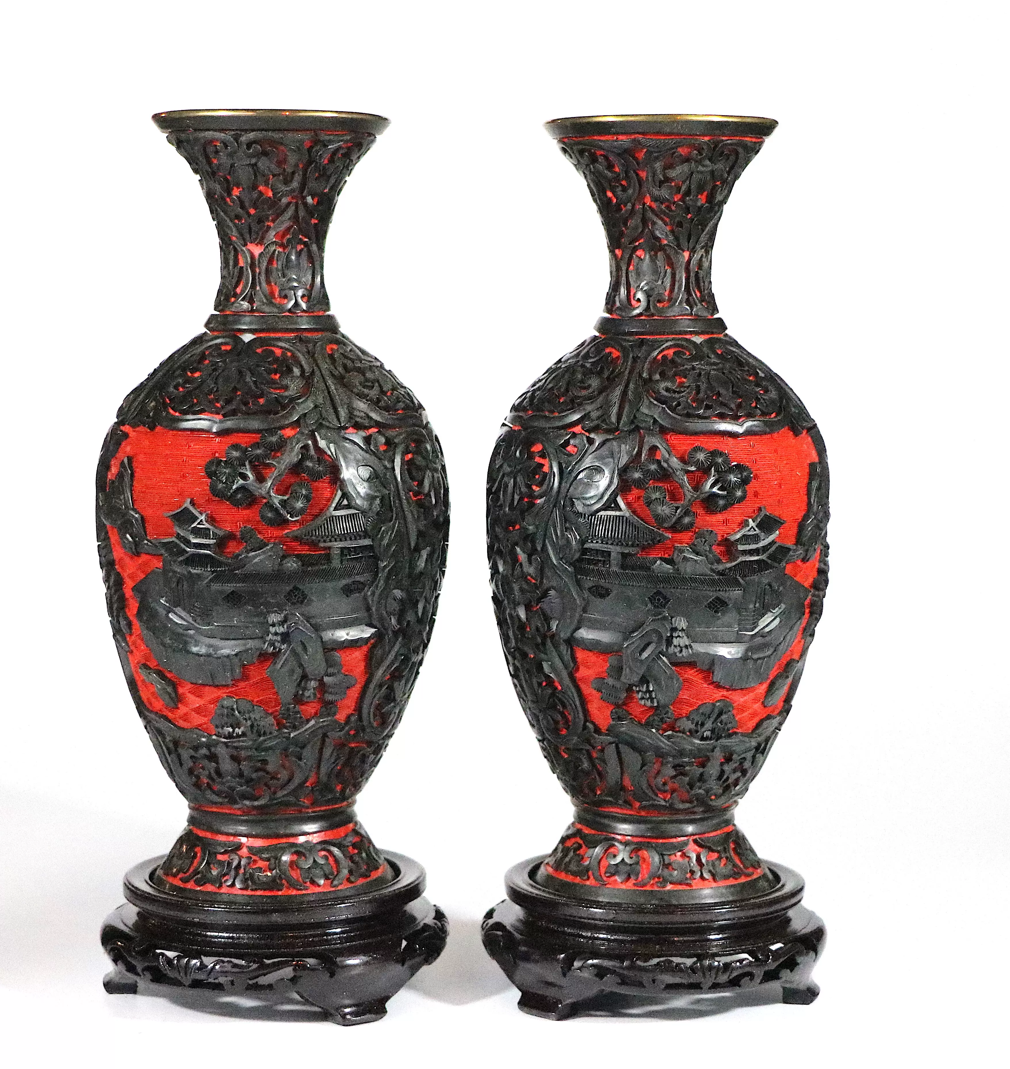 晚清民国大型人物风景剔红花瓶（CC0250）朱砂雕漆38厘米-Taobao