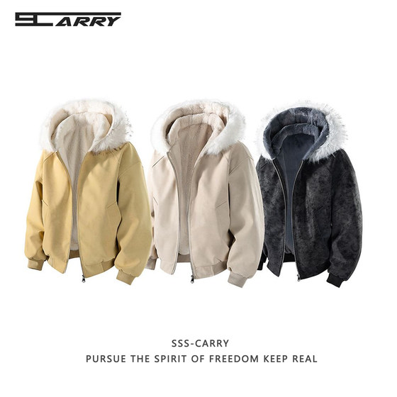 
Uncle's trendy brand American-style color-brushed fur collar leather jacket and cotton coat for men to keep warm in winter and versatile and loose for couples.