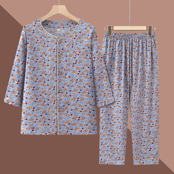 
Middle-aged and elderly summer clothing female grandma pure cotton silk suit 70-year-old mother cardigan pajama long-sleeved old lady home clothes