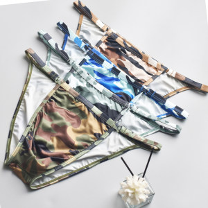 
Men's camouflage briefs with round buttons and high forks, breathable military green U-convex sports sexy high-elastic soft slip shorts