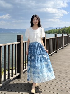
Yunnan Tie Dye Short Sleeve Floral Dress 2026 Sweet Temperament Waist Slim Skirt Travel Vacation Long Skirt Summer