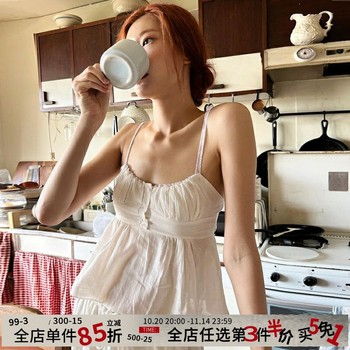 
French retro cucumber lazy pleated suspender vest