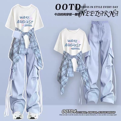 Junior High School Students' New Summer Outfit: a Stylish Dopamine Set with a Short-Sleeved T-Shirt and Cargo Pants for Girls