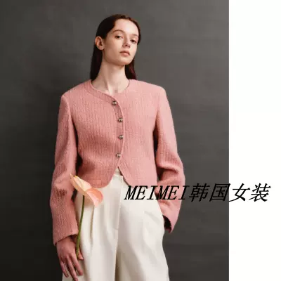 韩国设计师品牌AVA MOLLI 23秋冬新时尚显瘦桃型领羊毛夹克短外套-Taobao