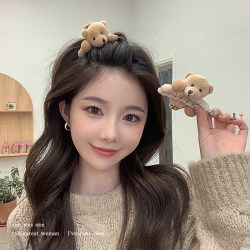Autumn and Winter Ab-Sided Bear Plush Hair Clip for Women, Back of the Head Hairpin, Bangs Clip, Pom-Pom Shark Hairpin, Hair Accessory