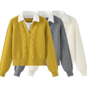 Fake two-piece sweater autumn and winter women's Japanese lazy retro design niche polo collar twist sweater top
