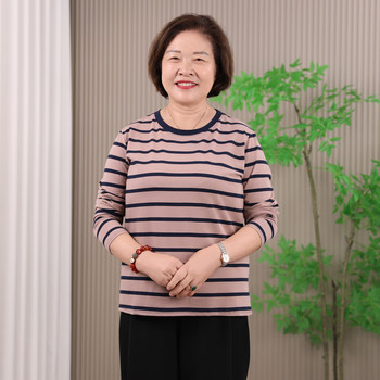 
Middle-aged and elderly women's pure cotton autumn clothes striped base shirt