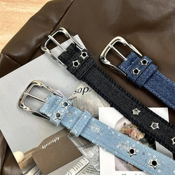 Denim Canvas Multi-Hole Belt with Sequin Pin Buckle, Women's Trendy Versatile Korean Style Fashion Belt Decoration ins