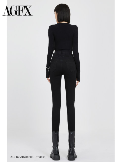 Black elastic belly-tightening high waist jeans for women in 2025 Spring and Autumn New Slim and Slim Slim and Tight Small Feet Pencil Pants