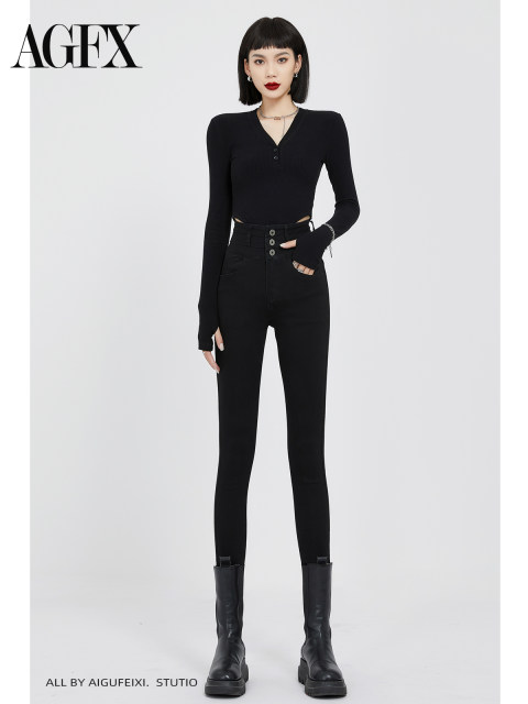 Black elastic belly-tightening high waist jeans for women in 2025 Spring and Autumn New Slim and Slim Slim and Tight Small Feet Pencil Pants