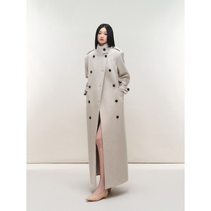 
PEMPL stand-up collar loose non-elastic woolen coat slim fit mid-length double-breasted woolen coat