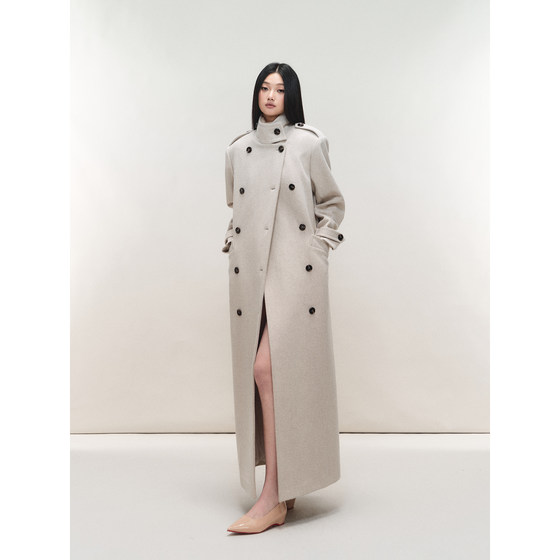 
PEMPL stand-up collar loose non-elastic woolen coat slim fit mid-length double-breasted woolen coat