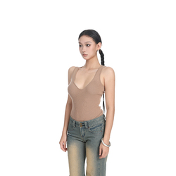 Pempl Vest Women's Autumn And Winter New Style Brown Knitted Skin-fitting Low U-neck Versatile Top, Slim And Slim Inner Wear
