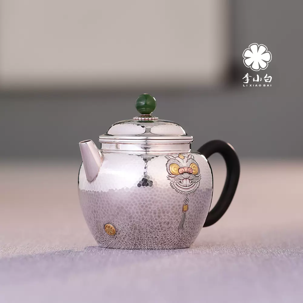 李小白银壶 纯银9999 纯手工制作 刻花泡壶 秋月