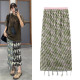 2025 summer new retro casual versatile basic printed pleated streamer design pleated skirt

