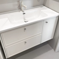 Cream-Colored Bathroom Cabinet with French-Style Oak Lacquer Finish and Integrated Ceramic Basin, Simple and Versatile Bathroom Cabinet Set with Washbasin