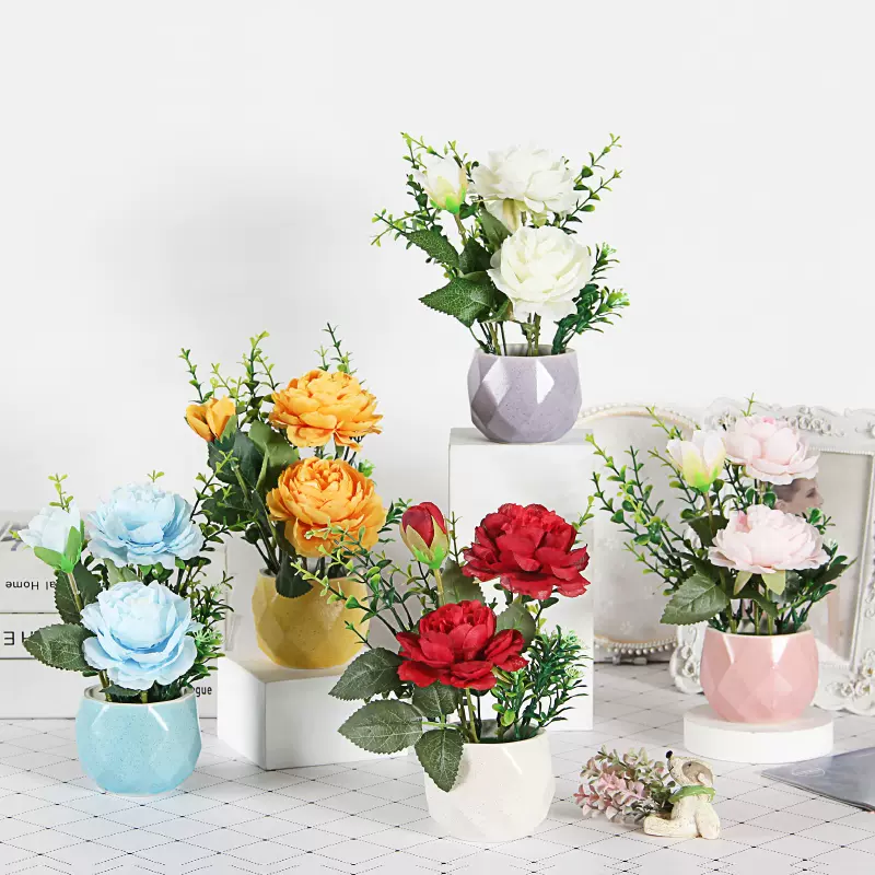 餐桌梳妆台化妆台桌面马卡龙花盆洋玫瑰花绢花假花仿真花花束摆件 Taobao