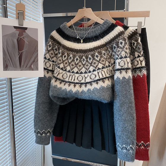 
Round neck Fair Isle sweater women's thickened bottoming shirt 2025 autumn and winter new pullover loose knitted sweater inner top