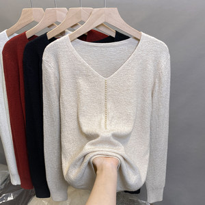 
Beaded v-neck sweater women's textured bottoming shirt 2025 autumn and winter new style outer sweater fashionable inner top