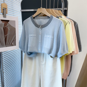 
Round neck hollow knitted cardigan for women 2026 summer new style loose lazy style top thin short-sleeved t-shirt trendy