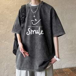 American Retro Men's Short-Sleeved T-Shirt, New Summer Style, Loose-Fitting Couple's Pure Cotton Top, Trendy Smiley Face Half-Sleeve T-Shirt