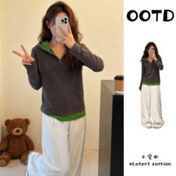 Fake Two-Piece Color-Blocked Hooded Sweatshirt for Women 2026 Autumn and Winter Plus-Size Korean Style Commuter Style Zip-Up Base Layer Top