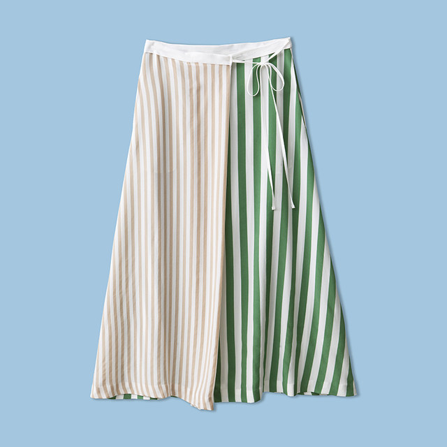 Asymmetric contrasting stripes splicing! Lace-up A-line silk mid-length skirt for women Spring and summer q