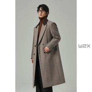 
w2x winter splicing contrasting color woolen coat men's long over-the-knee coat design handsome casual Nizi windbreaker