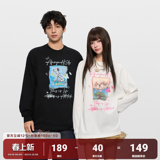 
AFGK25FW graffiti font photo puppy long-sleeved T-shirt spring and autumn men and women American tops couple base shirts