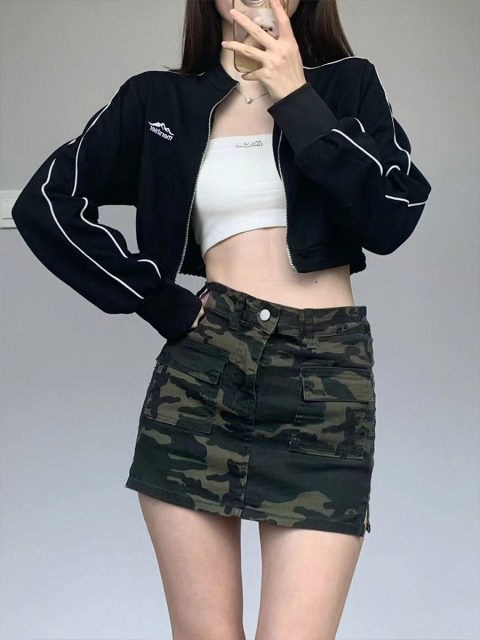 American retro camouflage work skirt autumn and winter high waist slimming pocket hot girl hip skirt A-line skirt miniskirt
