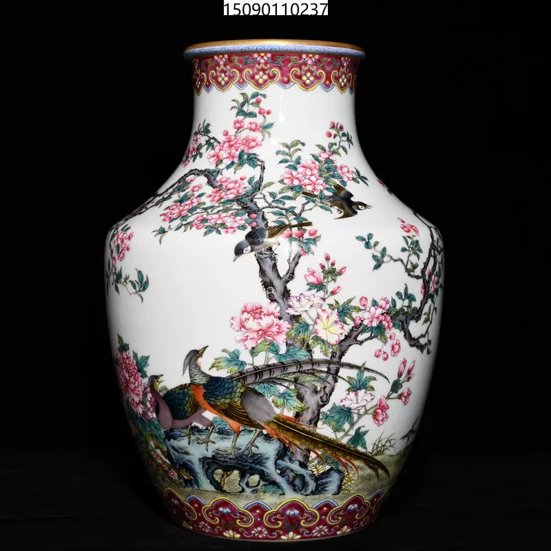 古董古玩瓷器乾隆粉彩花鸟纹尊，高34cm直径25cm-Taobao