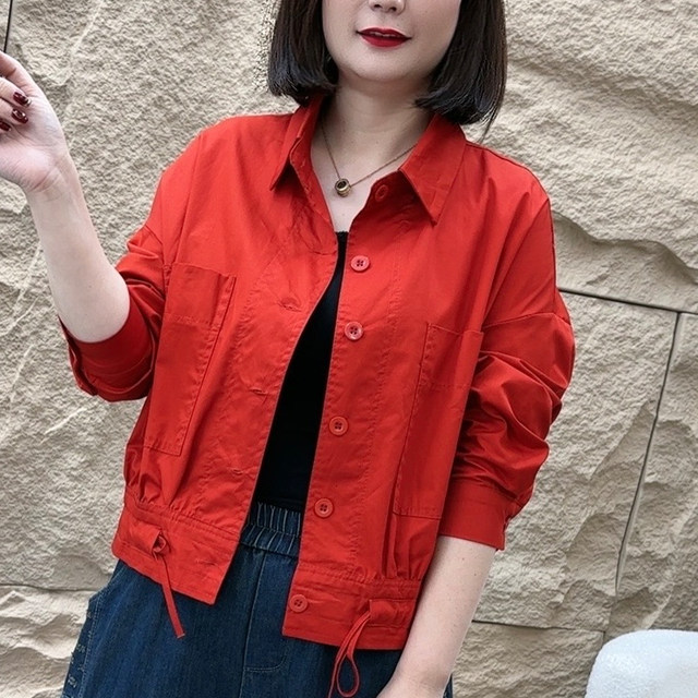 Middle-aged women's spring twill cotton solid color short jacket casual mother's suit loose large size lapel top thin
