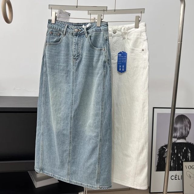Foreign trade women's clothing, new products for spring and summer commuting, versatile old texture, high waist slit A-line denim skirt for women