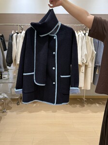 
2025 New Contrast Color Shell Embroidery Drop Shoulder Loose Sheep Wool Double-Sided Small Fragrance Coat Women's Fashion