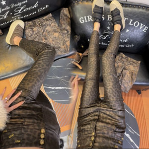 
European plus velvet leather pants for women in winter new coated leather pants leopard print furry imitation leather pants slim high waist pencil pants trendy