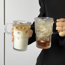 ins Wind-Resistant Stackable Glass Cup with Handle, Vertical Stripe Glass Cup, Iced American Latte Cup, Coffee Cup, Large Capacity Drink Cup, Water Cup