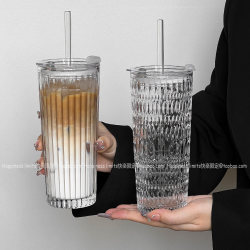 High-Quality Transparent Coffee Ice American Latte Glass Cup with Large Capacity, Lid, and Straw, Suitable for Office Use