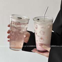 ins Wind Straw Glass Cup for Girls, Cute Kt Cat Water Cup, Coffee Cup, Juice Cup, Beverage Cup