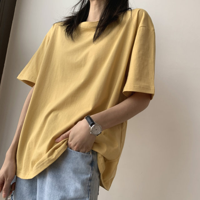 Light yellow short -sleeved T -shirt women's loose cotton INS sweet ...