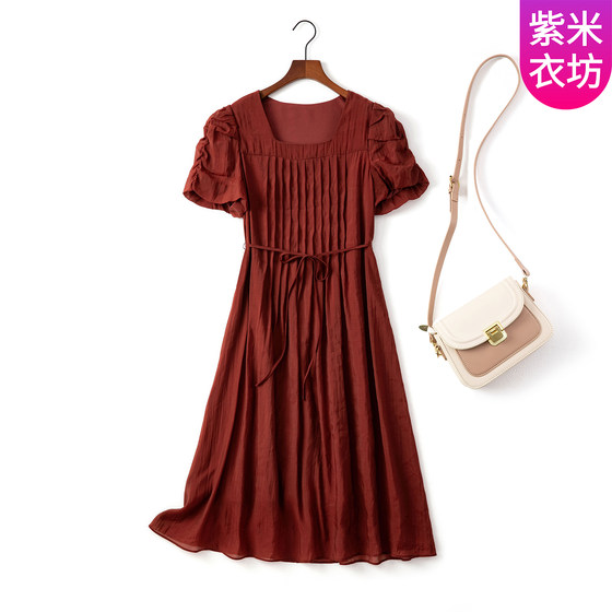 
Zimi Yifang dress for women, age-reducing high waist slimming skirt, new summer French square collar puff sleeve long skirt