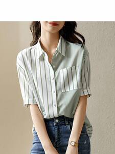 
Spliced vertical striped shirt women's 2026 summer new short-sleeved casual commuting women's tops women's all-match shirts