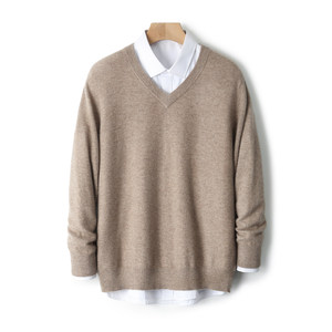 
100% pure wool minimalist style V-neck pure wool sweater men's loose pullover knitted sweater business casual warm