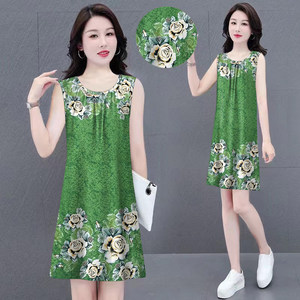 
2025 summer new loose suspender a-line skirt covering belly and making it look slim and sleeveless vest skirt round neck printed dress for women