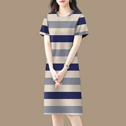Trendy and Versatile Striped Dress for Women 2025 New Summer Slim-Fit Age-Reducing Short-Sleeve Belly-Covering Mid-Length Dress