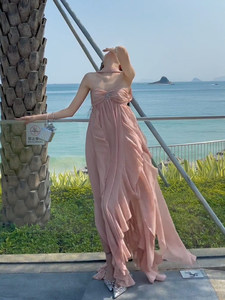 
Thai style vacation super fairy long skirt female celebrity high-end feeling pure desire neck strapless backless irregular chiffon dress